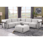 This is a set of  modular fabric sofa, including a corner module and multiple independent seating areas, paired with square ottomans of the same material.