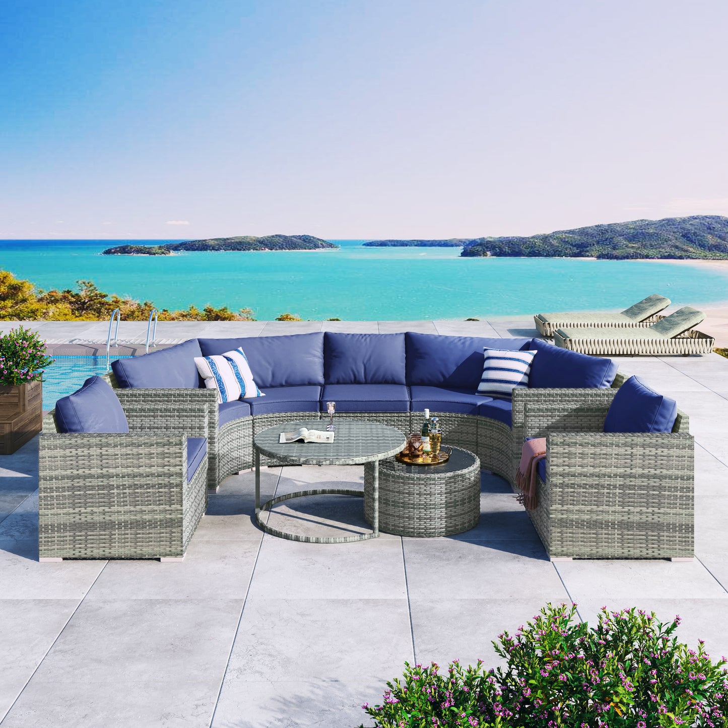 GO 9-Pieces Outdoor Half-moon Patio Sofa Set, Round Sofa Set, Modern Style Sofa, Gray Wicker, Blue Cushion