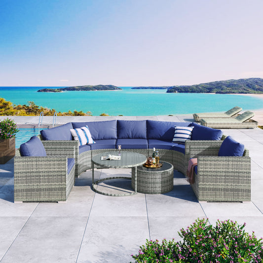 GO 9-Pieces Outdoor Half-moon Patio Sofa Set, Round Sofa Set, Modern Style Sofa, Gray Wicker, Blue Cushion