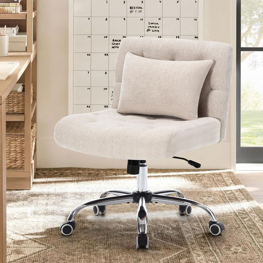 Armless Fabric Office Desk Chair with Wheels, Criss Cross Legged Wide Seat Chair, Modern Home Office Chair with Lumbar Pillow, Comfy Computer Task Chair for Small Space, Vanity Chair for Women, Girls