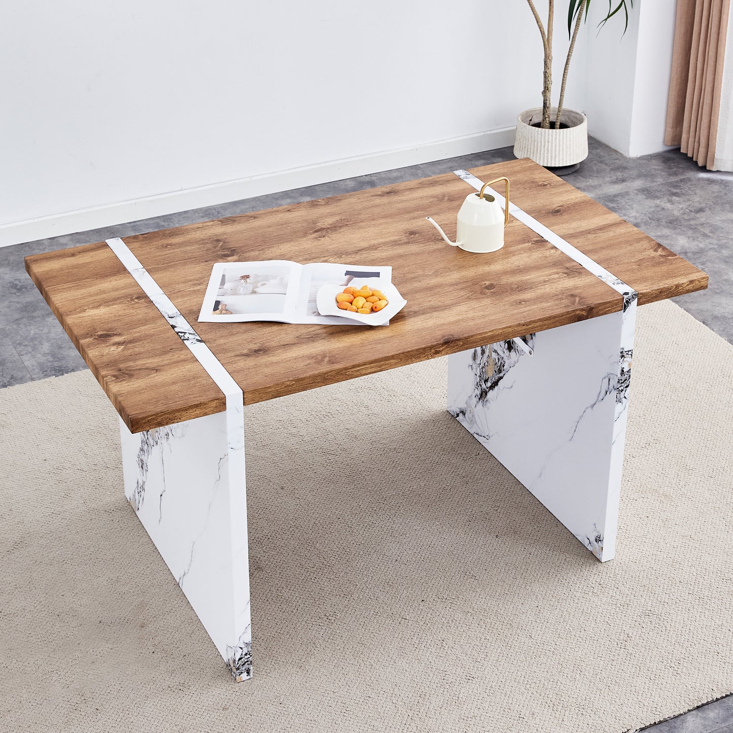 Natural Wood Grain MDF Dining Table - 55'x31.5' Stable Design.Suitable For Various Modern Home Decor Styles.Splicing structure design,Wood Textured Desktop,White Marble Patterned Table Legs.