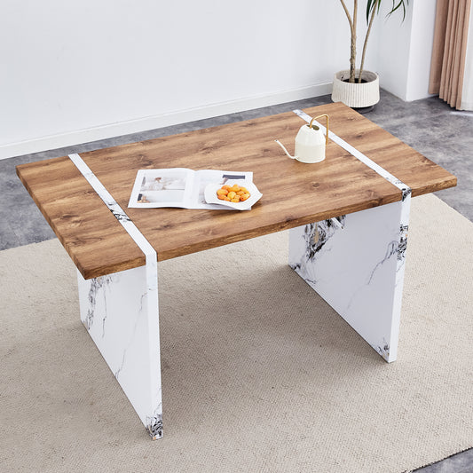 Natural Wood Grain MDF Dining Table - 55'x31.5' Stable Design.Suitable For Various Modern Home Decor Styles.Splicing structure design,Wood Textured Desktop,White Marble Patterned Table Legs.