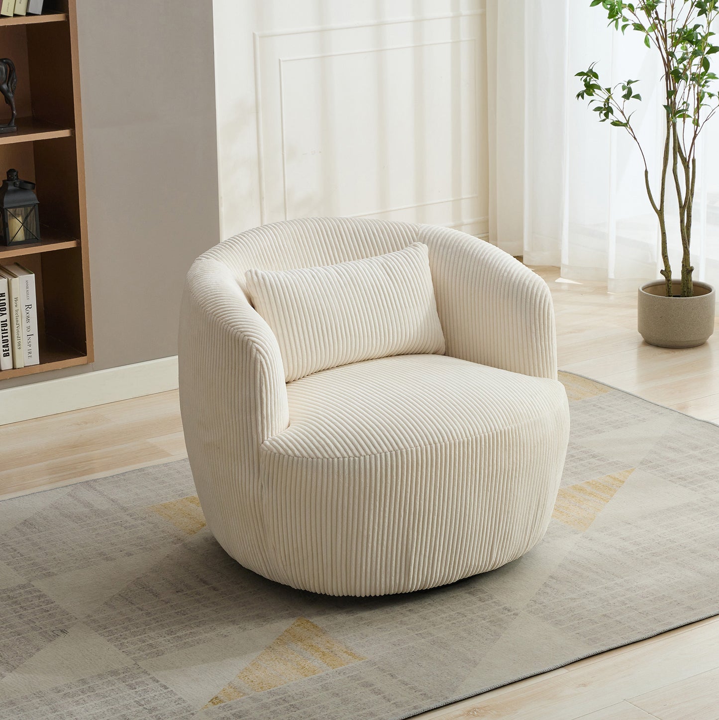 34.25 'Wide Upholstered Corduroy Metal Base 360° Swivel Barrel Soft Chair with Pillow, for Club, Living Room, Bedroom, Office as well as Reading Armchair, Ivory.