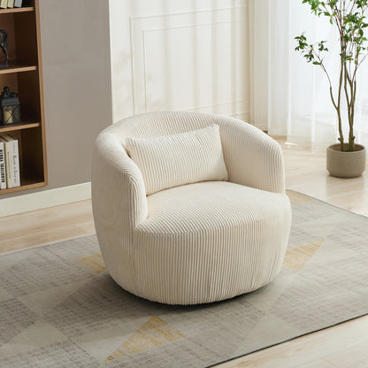 34.25 'Wide Upholstered Corduroy Metal Base 360° Swivel Barrel Soft Chair with Pillow, for Club, Living Room, Bedroom, Office as well as Reading Armchair, Ivory.