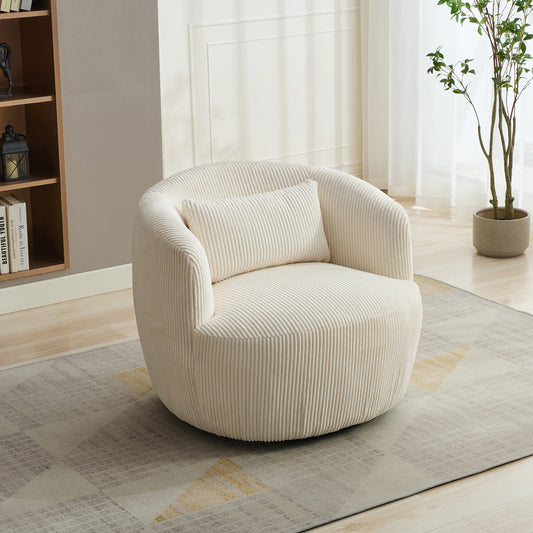 34.25 'Wide Upholstered Corduroy Metal Base 360° Swivel Barrel Soft Chair with Pillow, for Club, Living Room, Bedroom, Office as well as Reading Armchair, Ivory.