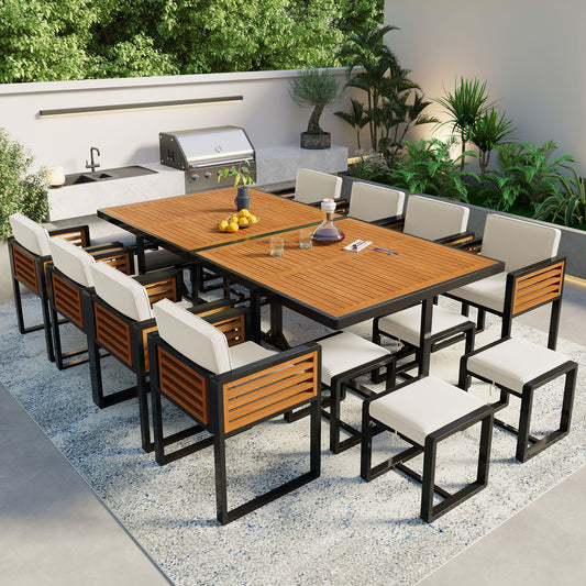 GO 18-Pieces Acacia Wood Patio Dining Set, Space Saving Outdoor Patio Set, 8 Cushioned Chairs & 8 Ottomans & 2 Square Table, for Backyard, Garden, Deck and Poolside, Beige