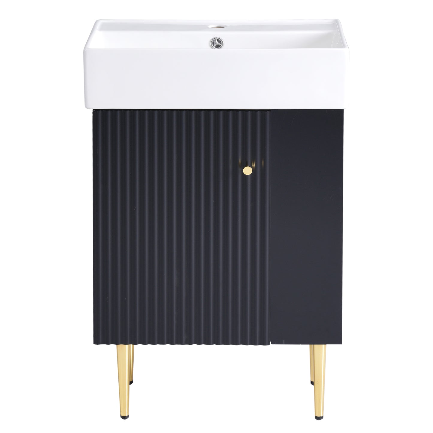 21.6' Black Modern Bathroom Vanity with Ceramic Sink, Right Side Storage, MDF Cabinet, Gold Metal Legs