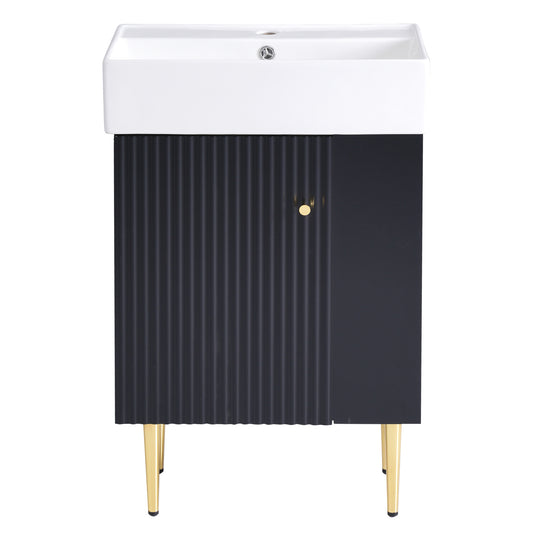 21.6' Black Modern Bathroom Vanity with Ceramic Sink, Right Side Storage, MDF Cabinet, Gold Metal Legs