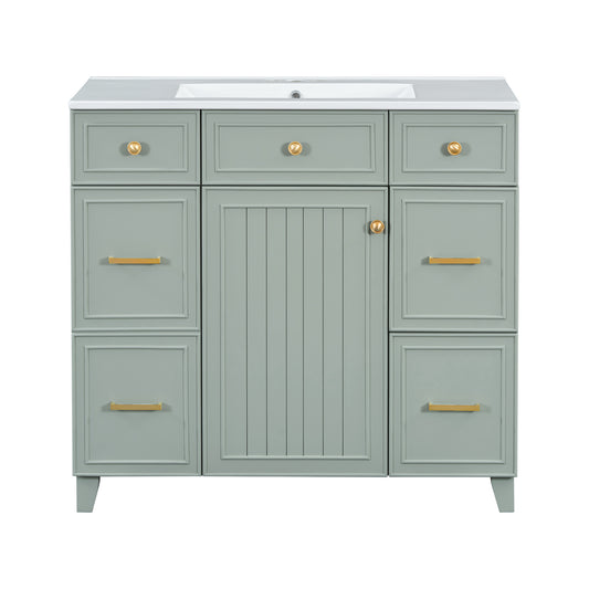Transitional Green 36-Inch Bathroom Vanity with Ceramic Sink, Solid Wood Frame, Soft Close Doors, Adjustable Shelves, and Hairdryer Storage