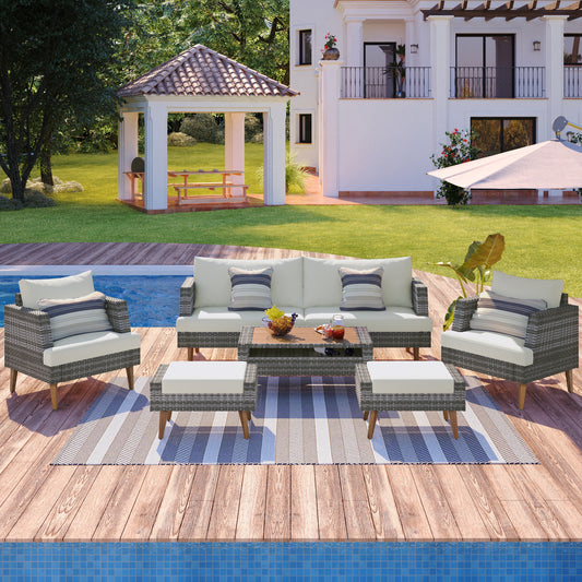 GO 6-Pieces All Weather PE Wicker Sofa Set, Outdoor Rattan sofa With Double Cushions, Wood Legs Wood Table Top, Beige and Gray