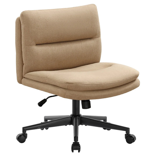 Office Chair Armless Criss Cross Legged Chair with Wheels, Comfy Home Office Desk Chairs, Adjustable Swivel Padded Fabric Vanity Task Computer Chair,Light Brown
