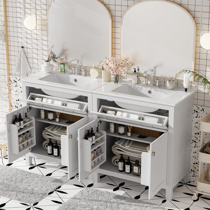 60' Modern White Bathroom Vanity Set with Double Vanities (Separate), Double Ceramic Sinks, Adjustable Shelf, Soft Close Doors and Flip Drawer– Modern Bathroom Solution for Spacious Bathrooms