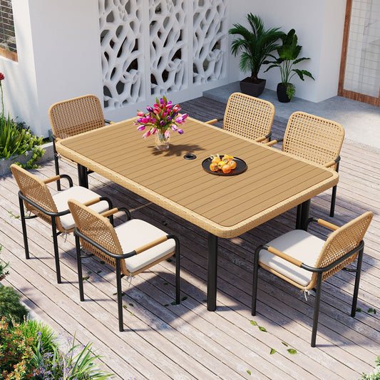 GO 7 Pieces Patio Dining Set, Outdoor Wicker Furniture Set, Plastic-wood Table Top with Umbrella Hole, Rattan Dining set for Backyard, Garden and Poolside,Beige Cushions
