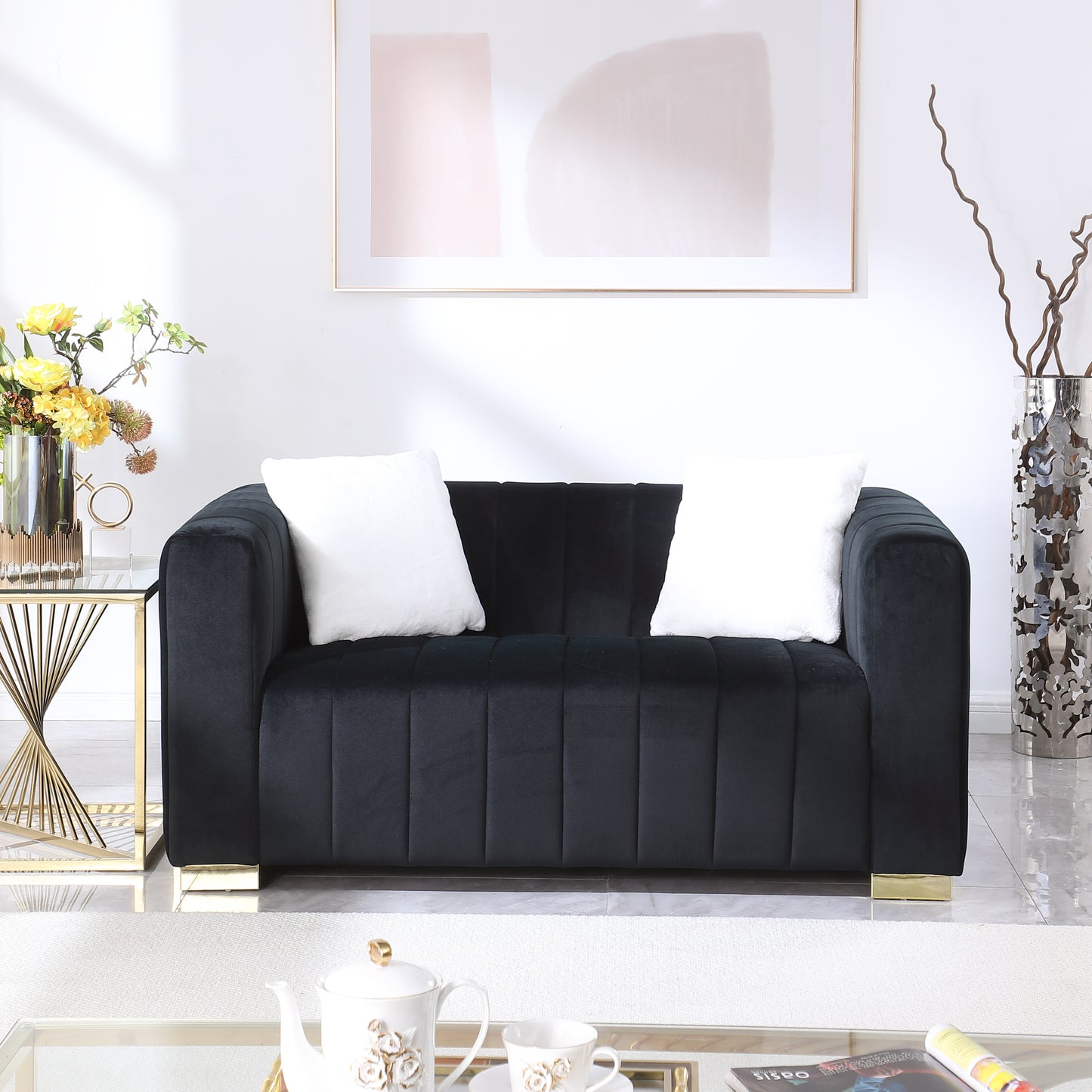 A modern  channel sofa  take on a traditional Chesterfield,Black color,loveseater