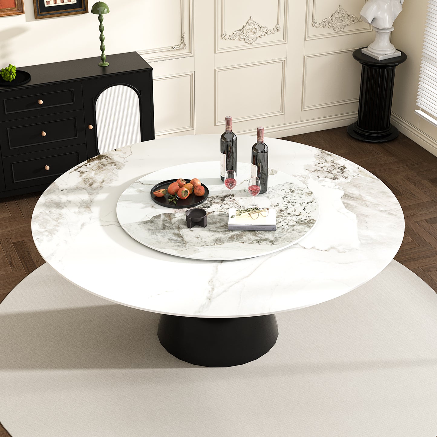 59' Marble Round Dining Table, Sintered Stone Round Dining Table with Stainless Steel Cone Base, Sturdy Dining Table for Kitchen Dining Room for 6-8 people