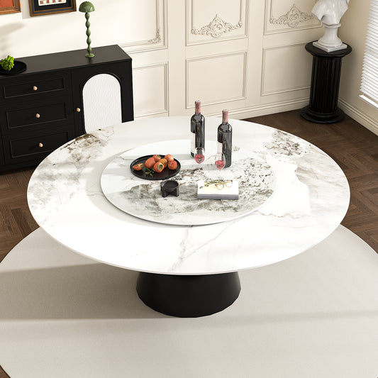 59' Marble Round Dining Table, Sintered Stone Round Dining Table with Stainless Steel Cone Base, Sturdy Dining Table for Kitchen Dining Room for 6-8 people
