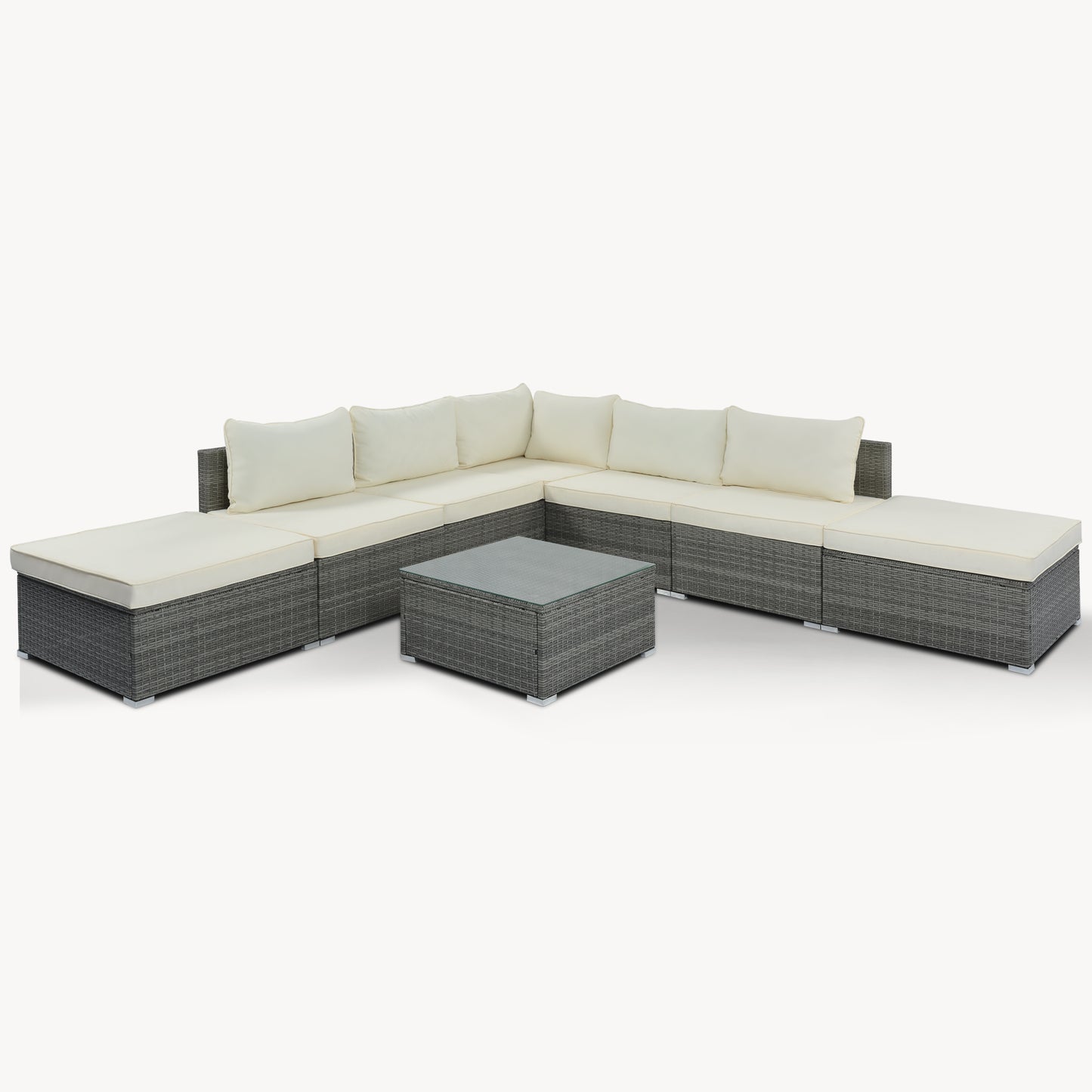 Wicker Garden Conversation Sofa Set, 8-Pieces Outdoor Patio Furniture, Beige Cushions Gray Wicker, Combinable Design