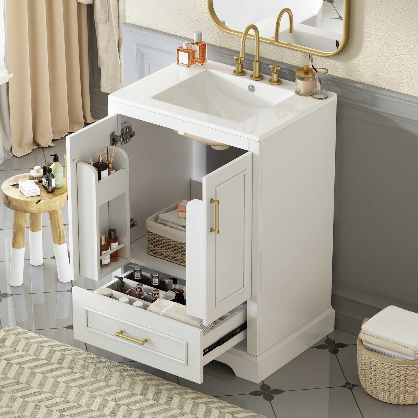 24'Bathroom Vanity with Sink, MDF Cabinet with Solid Wood Frame, 1 Divided Drawer and 2 Soft Close Doors with Double Shelf on the Door, Freestanding Vanity