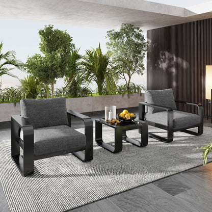 GO 3-pieces Aluminum Frame Patio Furniture With 6.7' Thick Cushion And Coffee Table, All Weather Use Olefin fabric Outdoor Chair, Gray And Black