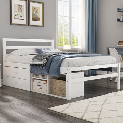 Full Size Wood Platform Bed with Removable Storage Shelves, Built-in Two Storage Drawers for Added Convenience, White