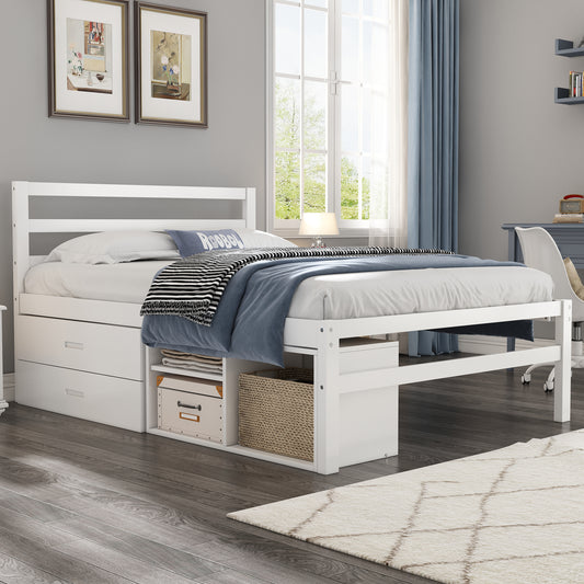 Full Size Wood Platform Bed with Removable Storage Shelves, Built-in Two Storage Drawers for Added Convenience, White