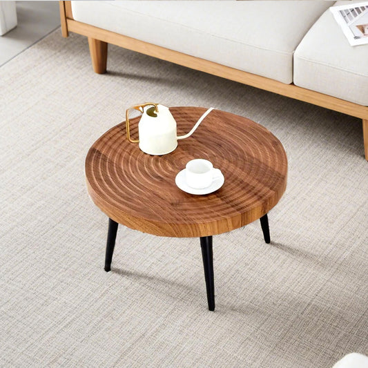 Natural Wood Grain Texture Round Coffee Table - Diameter 23.6 Inches.Exquisite Suction Molding Process,Natural Wood Grain Texture,Black Sprayed Metal Leg.