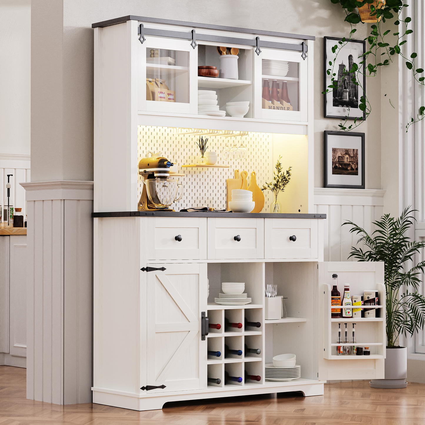 K&K 71' Farmhosue Pantry Bar Cabinet with Internal Storage Rack,Kitchen Cabinet with Hutch,Sliding Door,Power Outlet,Pegboard,Wine & Glasses Rack,3 Drawers,Rustic Coffee Bar Storage Cabinet,White Oak