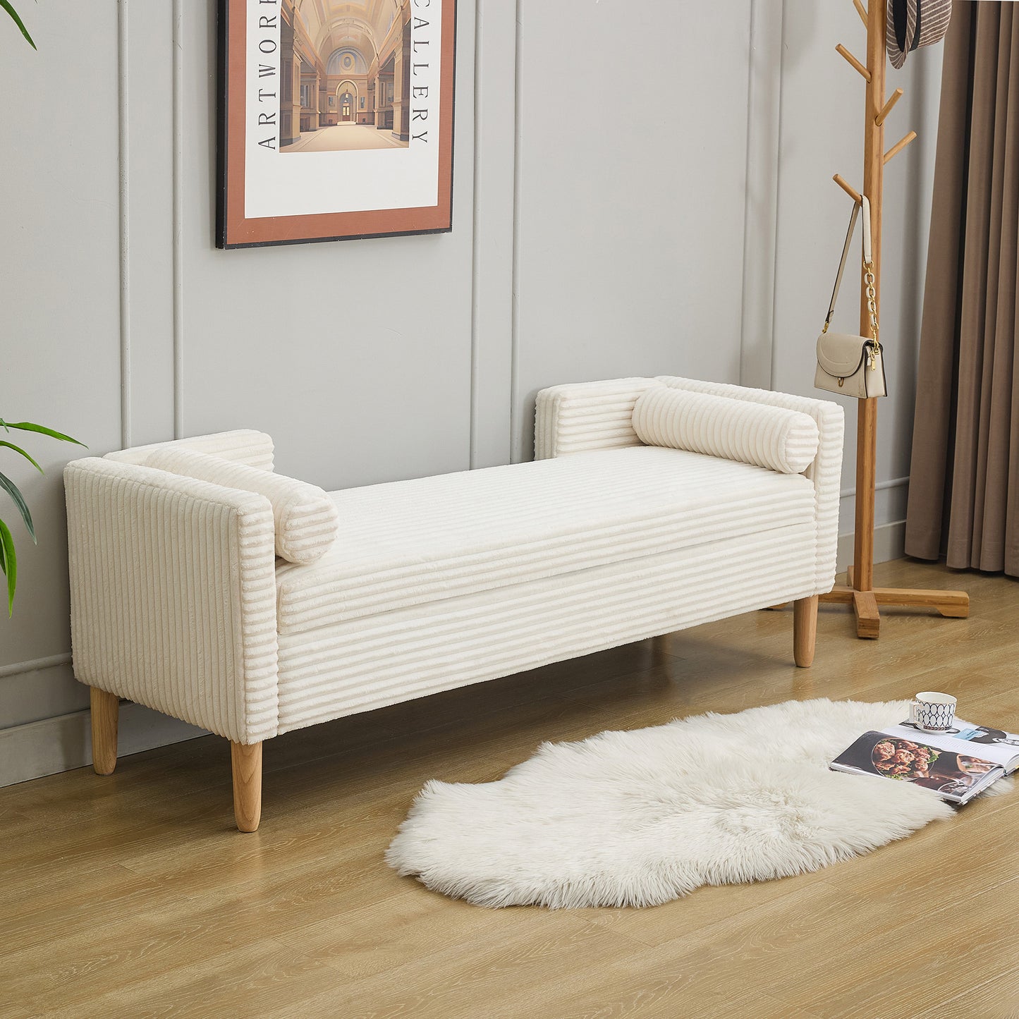 65.35'Wide Corduroy Storage Soft Bench with Armrests, Backrest and Two bolster Pillows for Living Room, Entryway and Bedroom. Ivory