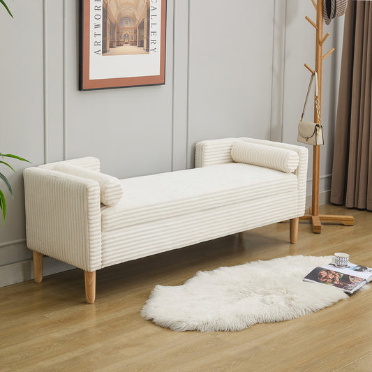 65.35'Wide Corduroy Storage Soft Bench with Armrests, Backrest and Two bolster Pillows for Living Room, Entryway and Bedroom. Ivory