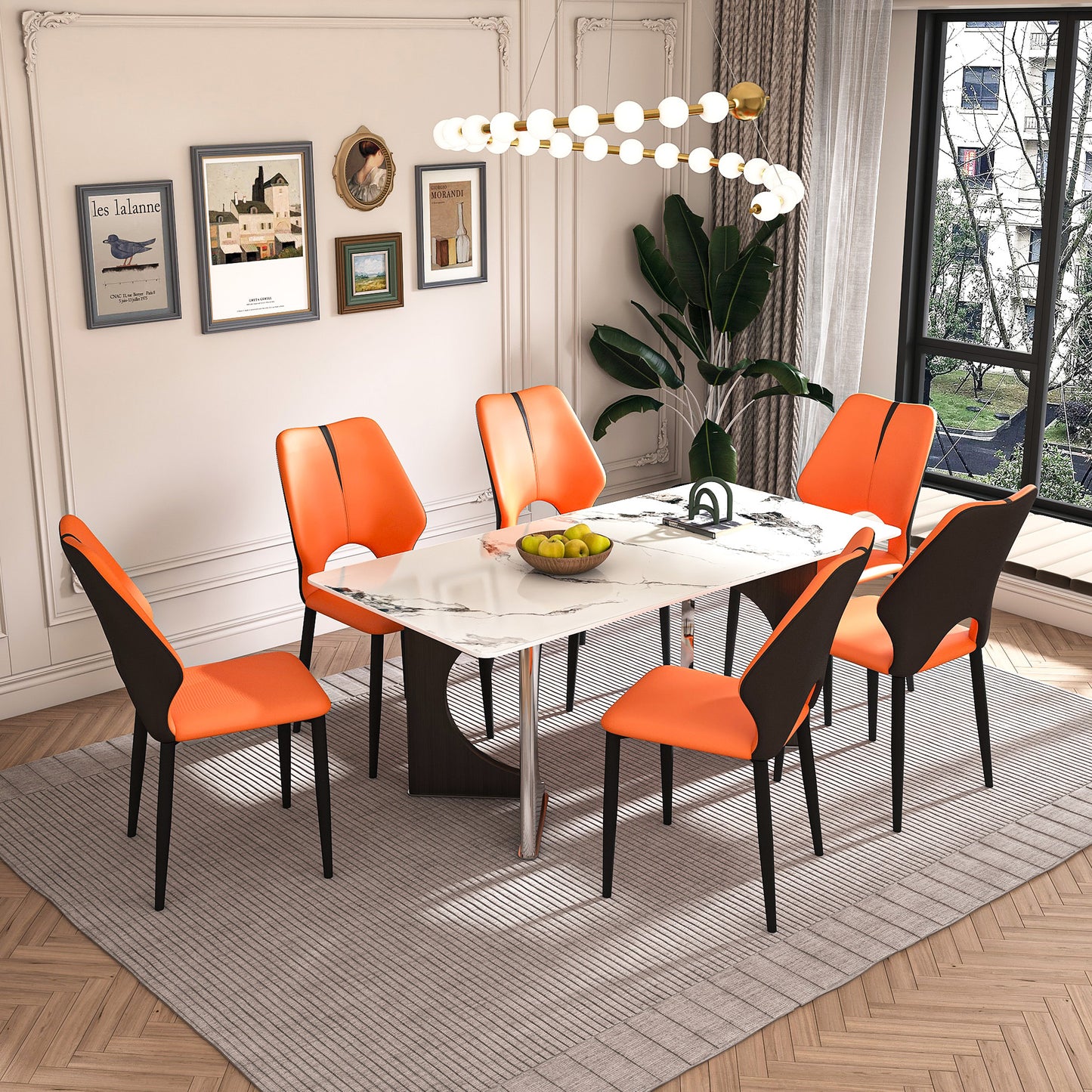 Marble Dining Table for 6-8, 71' Modern Luxury Dining Room Table for Kitchen, Carrara Gold Rectangular Table with Stainless Steel Base with 6 Chairs