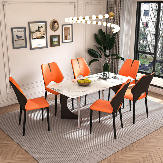 Marble Dining Table for 6-8, 71' Modern Luxury Dining Room Table for Kitchen, Carrara Gold Rectangular Table with Stainless Steel Base with 6 Chairs