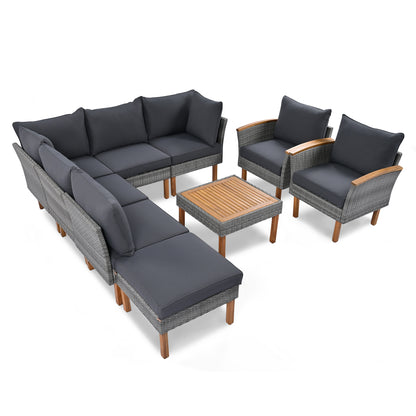 GO 9-Piece Patio Rattan Furniture Set, Outdoor Conversation Set, Gray Acacia Wood Legs & Tabletop
