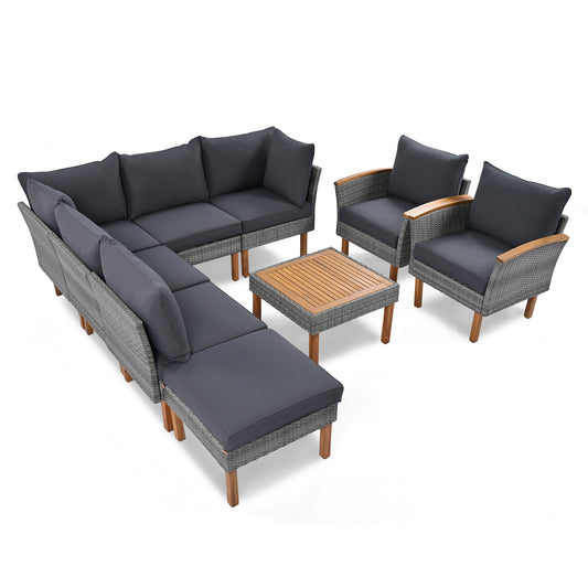 GO 9-Piece Patio Rattan Furniture Set, Outdoor Conversation Set, Gray Acacia Wood Legs & Tabletop