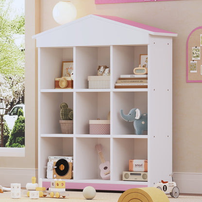 House-shaped Storage Rack with Nine Storage Compartments, Three-layer Storage Shelf with Colorblock Design, White+Pink