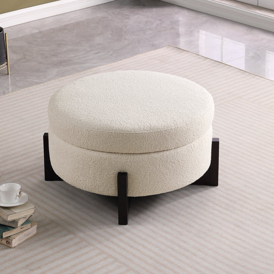 Stylish round ottoman with storage inside, oak fold-out legs, beige.