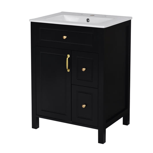 Elegant Bathroom Vanity with Ceramic Sink, Soft Close Storage, and Gold Handles - Black ,Solid Wood MDF