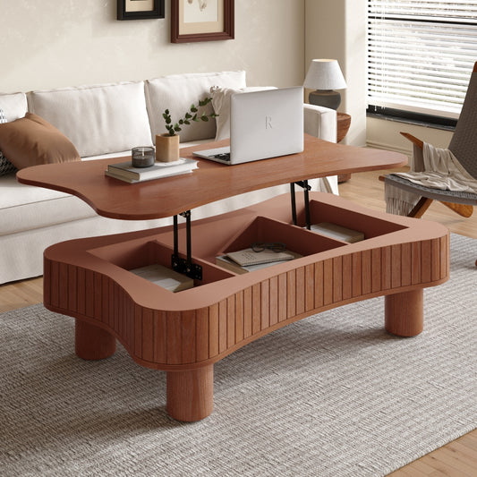 Lift Top Coffee Table for Living Room 42' - Fluted Panel Hidden Storage, Silent Hydraulic Lift, Curved Safety Corners, 5 Min Assembly (27'W x 13-18.9'H, Walnut)