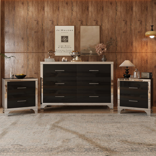 3-Pieces Sets,Dresser and Two Nightstands with Metal Handles and Mirror Decoration, Elegant and Subtle, Black
