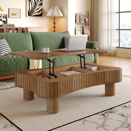 Lift Top Coffee Table for Living Room 42' - Fluted Panel Hidden Storage, Silent Hydraulic Lift, Curved Safety Corners, 5 Min Assembly (27'W x 13-18.9'H,Walnut)
