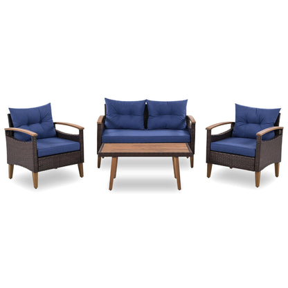 GO 4-Piece Patio Seating Set, PE Rattan Outdoor Sofa Set with Wood Table and Legs, Brown and Blue