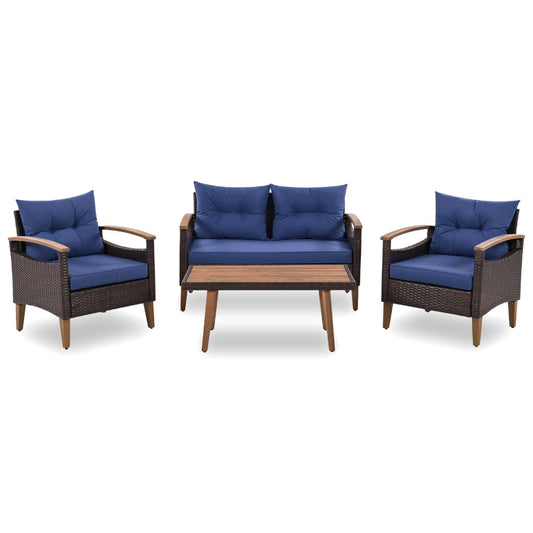 GO 4-Piece Patio Seating Set, PE Rattan Outdoor Sofa Set with Wood Table and Legs, Brown and Blue
