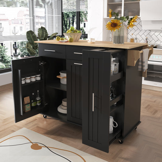 K&K Kitchen Island with Drop Leaf, Kitchen Storage Cart with 3 Tier Pull Out Cabinet Organizer, Internal Storage Rack, Rolling Kitchen Cart on Wheels with Towel Rack, 2 Drawers, for Kitchen, Black