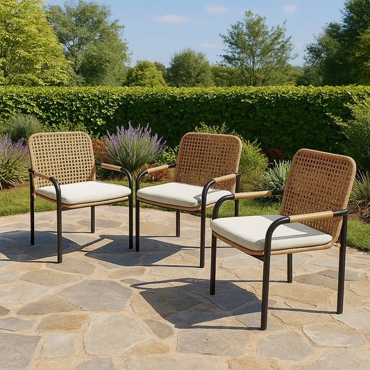 3-Piece Outdoor Dining Chairs Set, Rattan Backrest Patio Chairs with Removable Beige Cushions, 400 lbs Capacity, All-Weather Wicker Chairs for Garden, Backyard and Porch