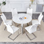 Table and chair set.A 42-inch stainless steel leg round table .Paired with 6 Uniquely designed White Dining Chairs With Silver Metal Leg.Sintered Stone Tabletop,Stainless Steels Table Legs.