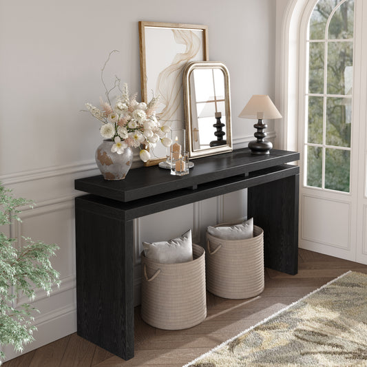 60'' Black Farmhouse Console Table - Retro Wooden Entryway Table with Double Board Suspension Design, Solid Wood & MDF, Sofa Table for Living Room
