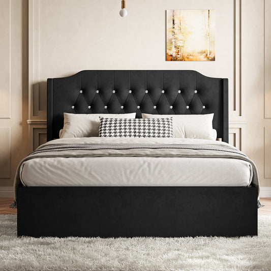 Queen Size Tufted Upholstered Bed Frame with Crystal Button Accents, Bed Frame with Wingback Headboard and Under-Bed Storage Space, No Box Spring Needed,Black