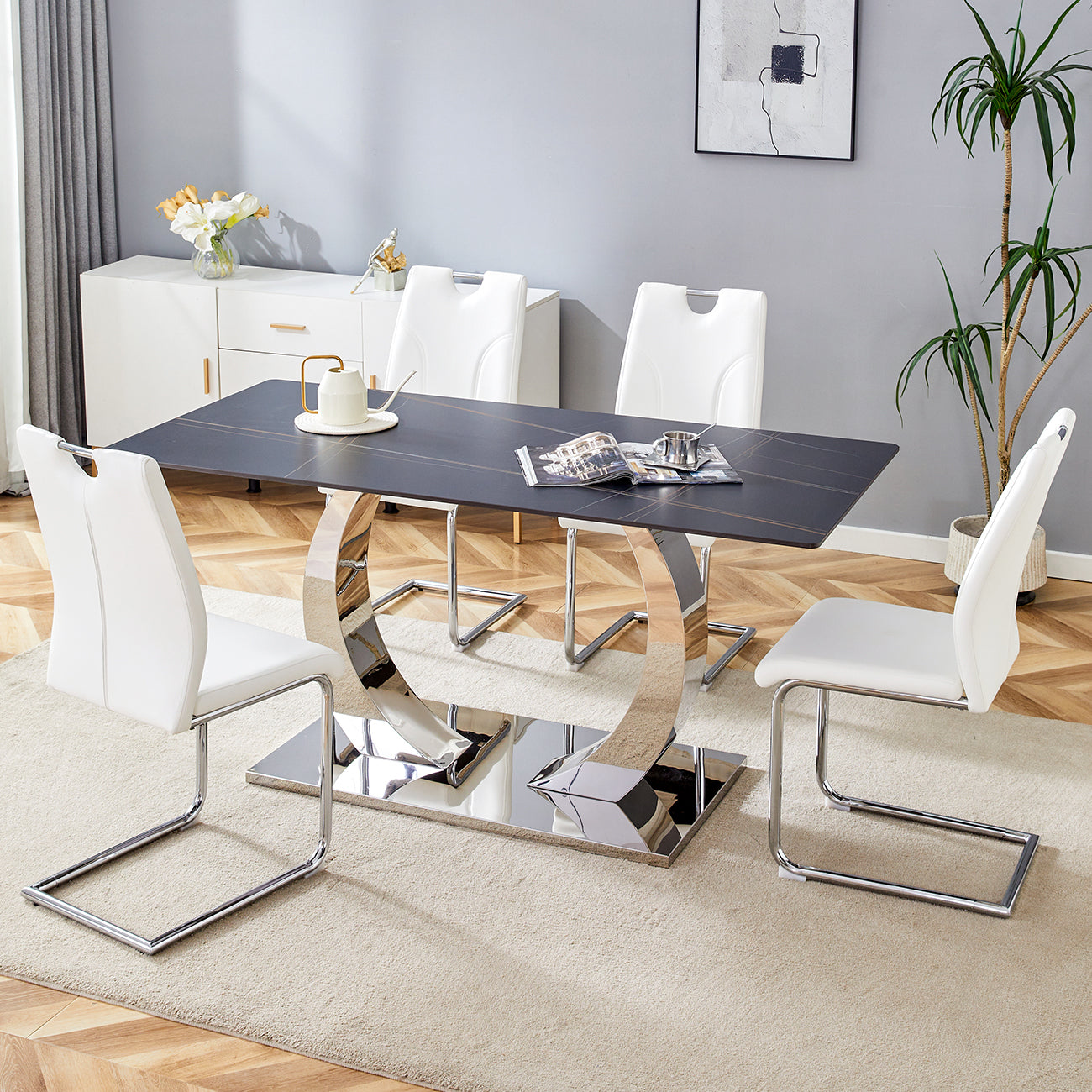 Table and chair set.63x31.5-inch Sintered Stone Dining Table.Paired with 4 Uniquely designed white dining chairs with Silver Metal Leg.Black Texture Design Tabletop,Silver stainless steel table leg.