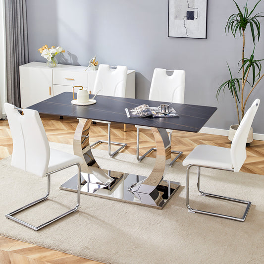 Table and chair set.63x31.5-inch Sintered Stone Dining Table.Paired with 4 Uniquely designed white dining chairs with Silver Metal Leg.Black Texture Design Tabletop,Silver stainless steel table leg.