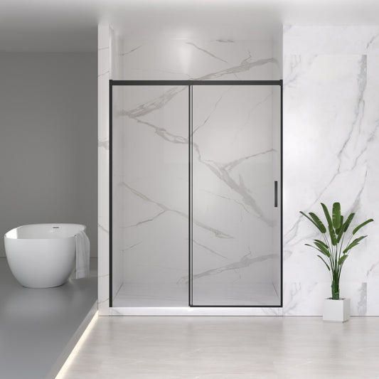 56-60' W x 74' H Semi-Frameless Sliding Shower Door, 1/4' (6mm) Clear SGCC Tempered Glass, Matte Black Finished, Adjustable Width – No Cutting Required