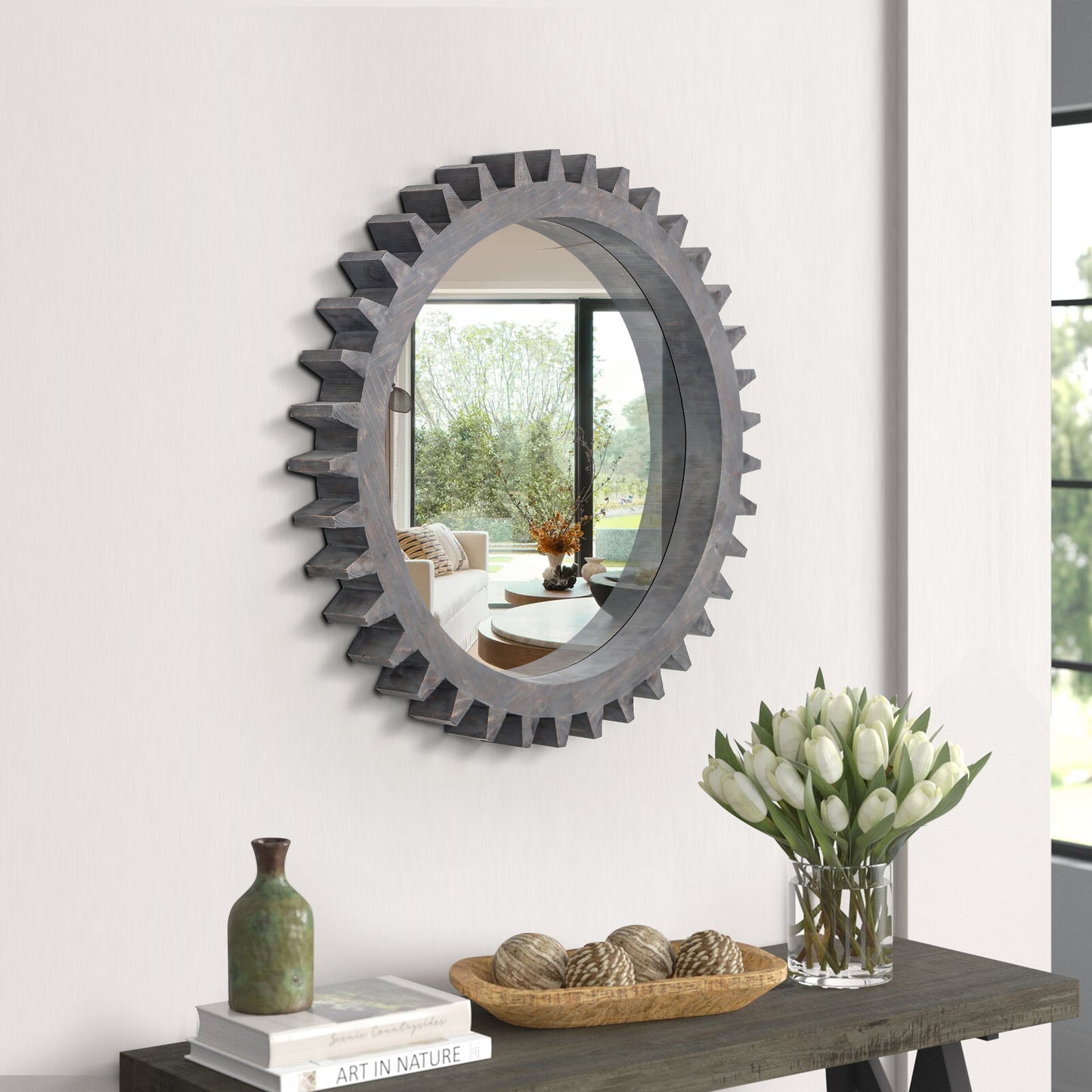 Vintage 17'' x 17'' Wood Round Hanging Gear Shape Decorative Mirror Patchwork Effect With Large-size Mirrors Individually On Art Walls,Sold Individually(Antique Dark Brown)